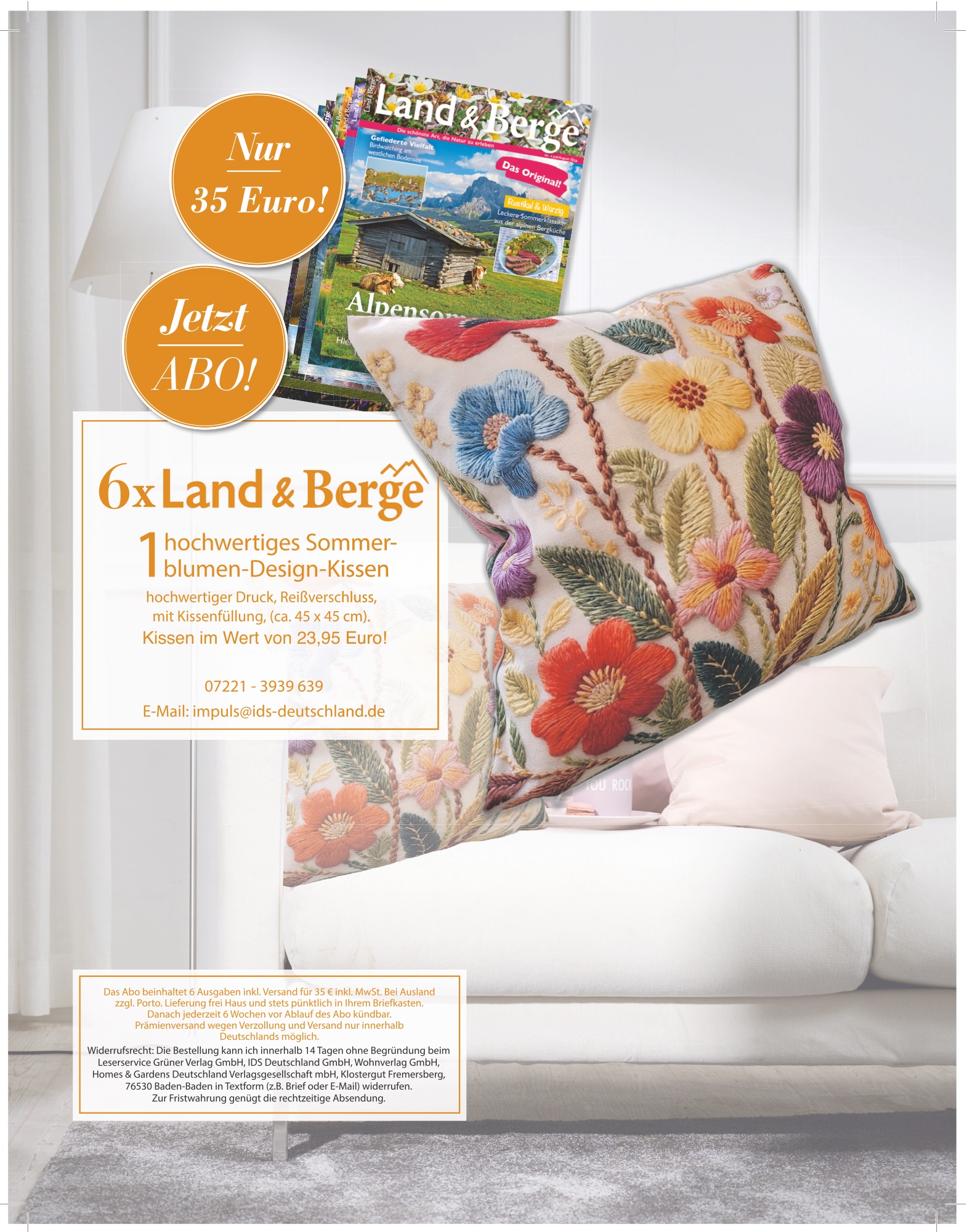 Abo-Anzeige: 6 Ausgaben Land & Berge für 35 Euro mit hochwertigem Sommerblumen-Design-Kissen als Prämie