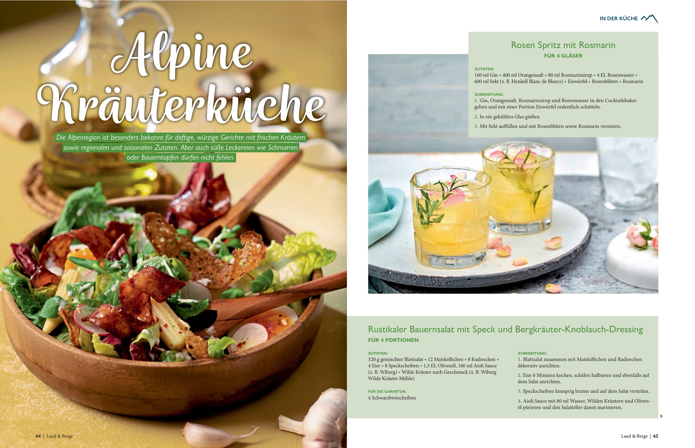 Heft-Doppelseite: „Alpine Kräuterküche“ — Bergsalat, Rosen-Spritz und Kräuterrezepte