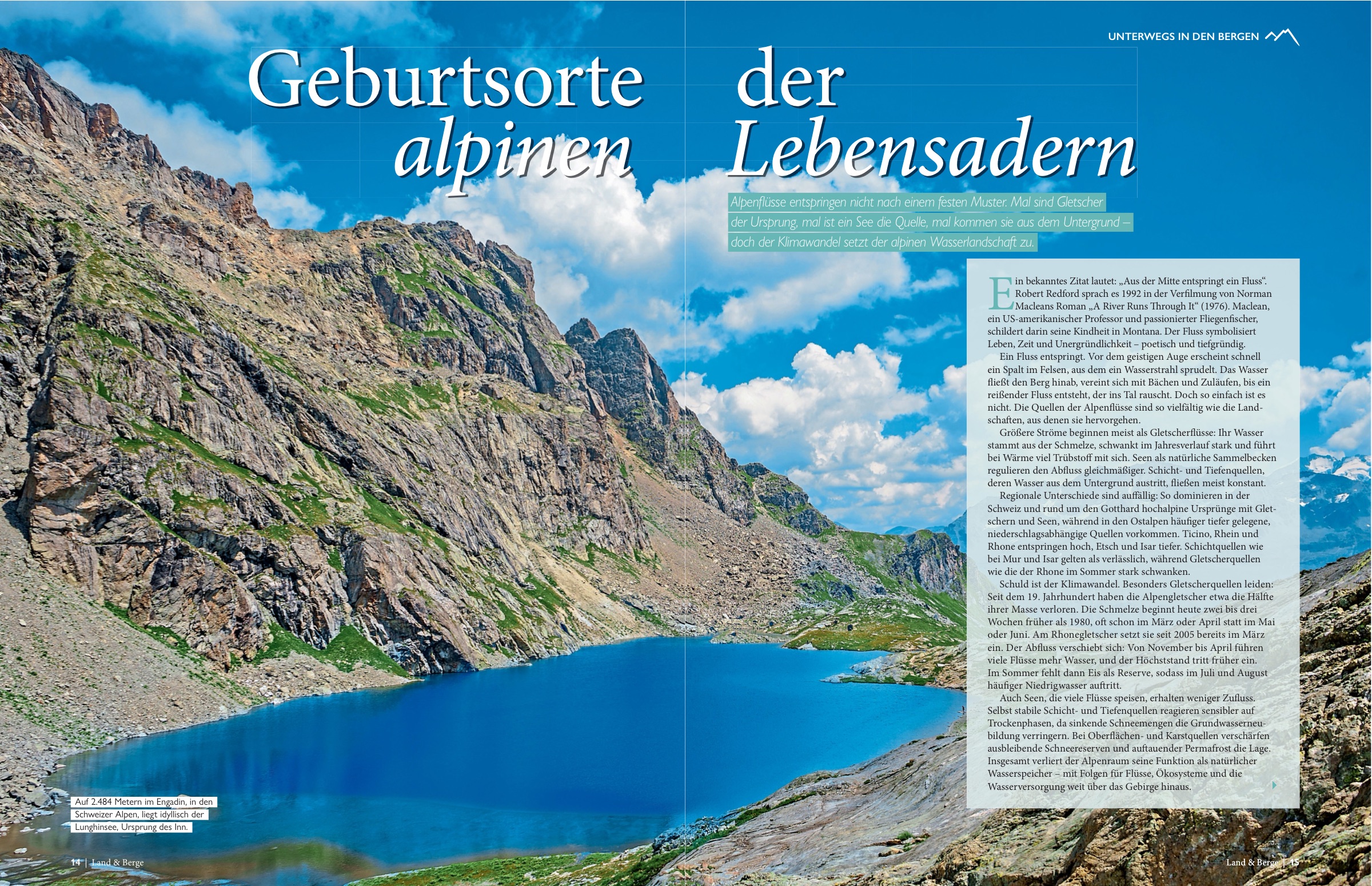 Heft-Doppelseite: „Geburtsorte der alpinen Lebensadern“ — Bergsee im Hochgebirge